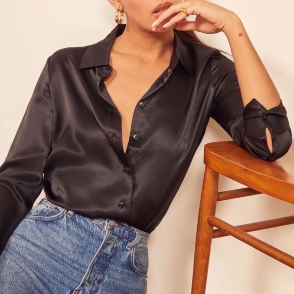 NWT Reformation Sky Silky Button Down Silk Blouse Long Sleeve Black Women's